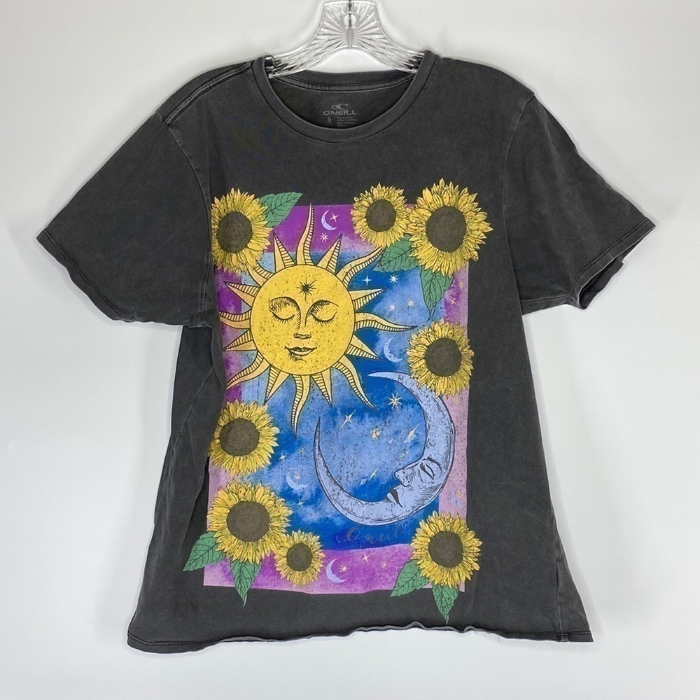O'Neil Bewitch Women's Oversized Distressed Black Tshirt Sun Moon Sunflower S